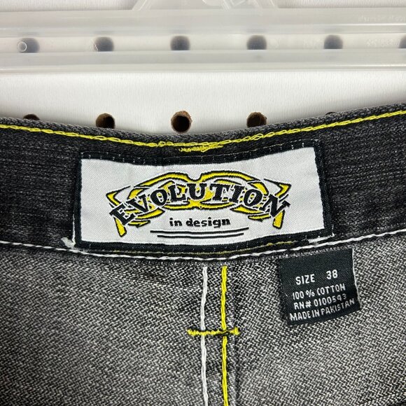 Evolution‎ in Design Gothic Jorts Sz 38 Black Denim Riveted Stitched Skater Punk - Picture 6 of 7